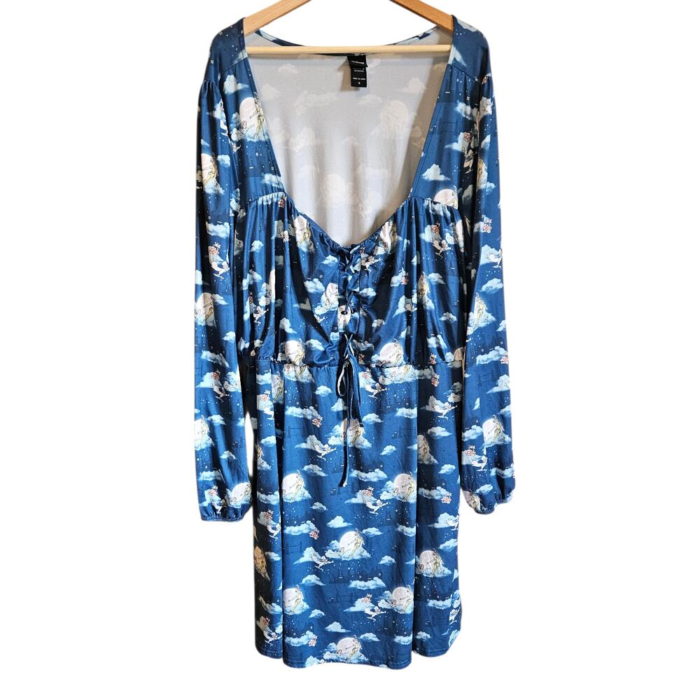 Disney Women's Dress Peter Pan Flying Print Lace Up Long Sleeve Blue Plus Size 5